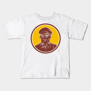 Sea Captain Portrait Woodcut Circle Kids T-Shirt